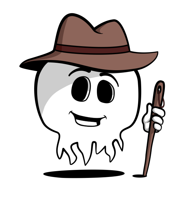 The Pooka: a small white ghost in a brown hat, holding a walking stick